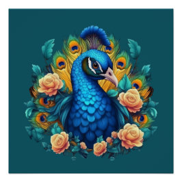 Pfau mit PfirsichRose Poster