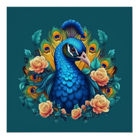 Pfau mit PfirsichRose Poster (Vorderseite)
