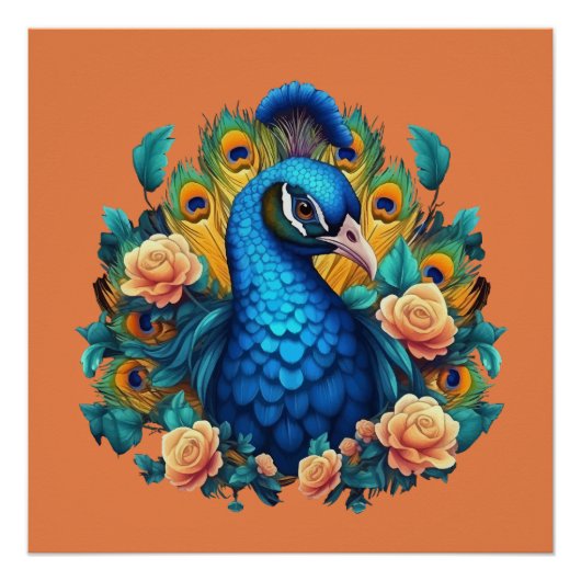 Pfau mit PfirsichRose Poster (Vorderseite)