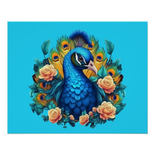 Pfau mit PfirsichRose Poster (Vorderseite)