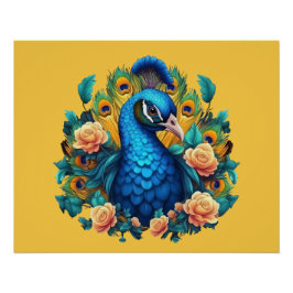 Pfau mit PfirsichRose Poster