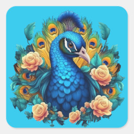 Pfau mit PfirsichRose Quadratischer Aufkleber