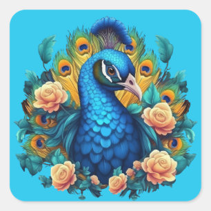 Pfau mit PfirsichRose Quadratischer Aufkleber