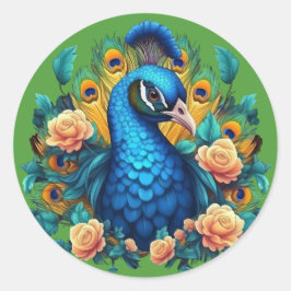 Pfau mit PfirsichRose Runder Aufkleber