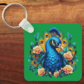 Pfau mit PfirsichRose Schlüsselanhänger (Vorderseite)