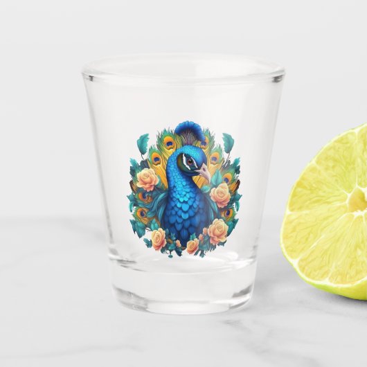 Pfau mit PfirsichRose Schnapsglas (Vorderseite)