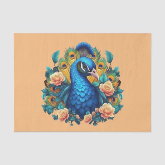 Pfau mit PfirsichRose Seidenpapier (Vorderseite)