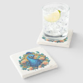 Pfau mit PfirsichRose Steinuntersetzer (Seitenansicht)