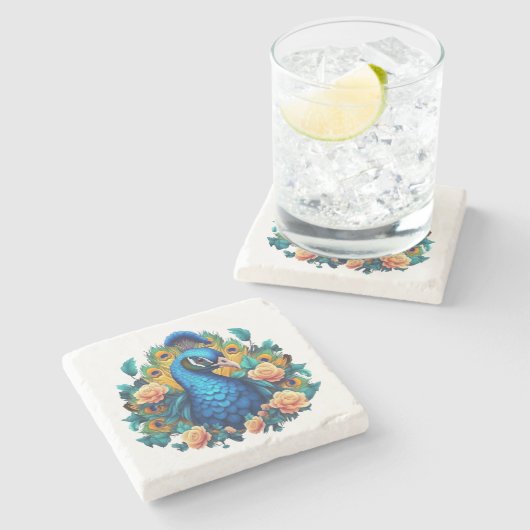 Pfau mit PfirsichRose Steinuntersetzer (Seitenansicht)