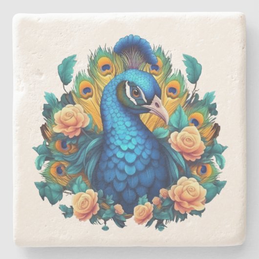 Pfau mit PfirsichRose Steinuntersetzer (Vorderseite)