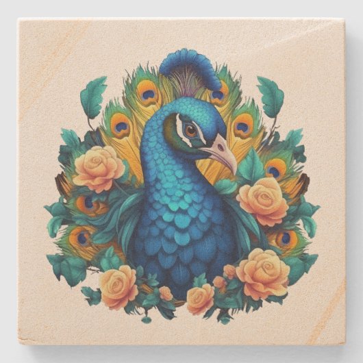 Pfau mit PfirsichRose Steinuntersetzer (Vorderseite)