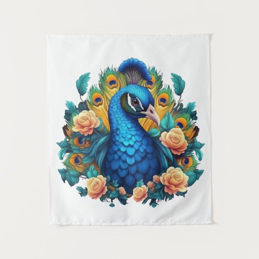 Pfau mit PfirsichRose Wandteppich (Vorderseite)