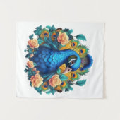 Pfau mit PfirsichRose Wandteppich (Vorderseite (Horizontal))