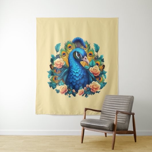 Pfau mit PfirsichRose Wandteppich (Beispiel)