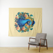 Pfau mit PfirsichRose Wandteppich (Beispiel (Horizontal))