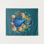 Pfau mit PfirsichRose Wandteppich (Vorderseite (Horizontal))