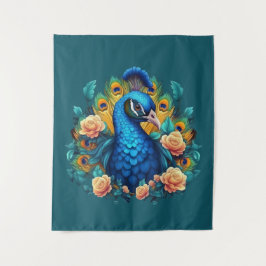 Pfau mit PfirsichRose Wandteppich