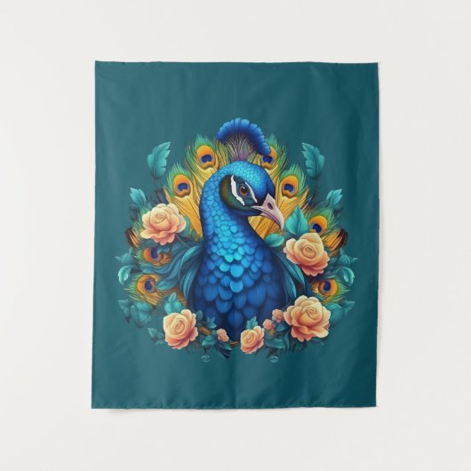 Pfau mit PfirsichRose Wandteppich (Vorderseite)