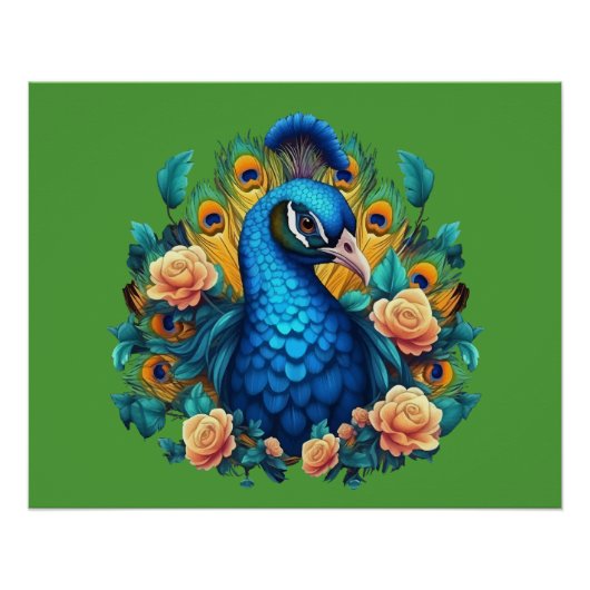 Pfau mit Pfirsichrosen Poster (Vorderseite)