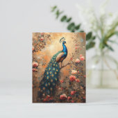 Pfau mit rosa Rosenmalerei Postkarte (Stehend Vorderseite)