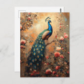 Pfau mit rosa Rosenmalerei Postkarte (Vorne/Hinten)