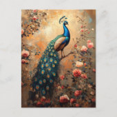 Pfau mit rosa Rosenmalerei Postkarte (Vorderseite)
