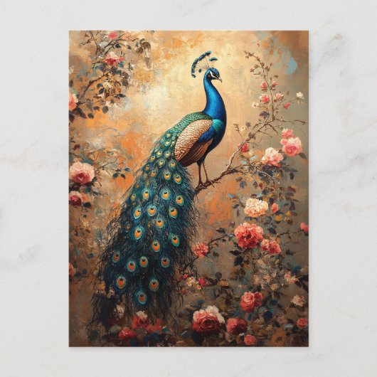 Pfau mit rosa Rosenmalerei Postkarte (Vorderseite)