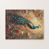 Pfau mit rosa Rosenmalerei Puzzle (Horizontal)
