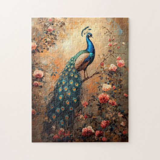 Pfau mit rosa Rosenmalerei Puzzle (Vertikal)
