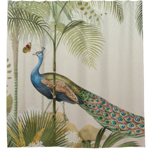 Pfau mit Schmetterlingen Duschvorhang (Vorderseite)