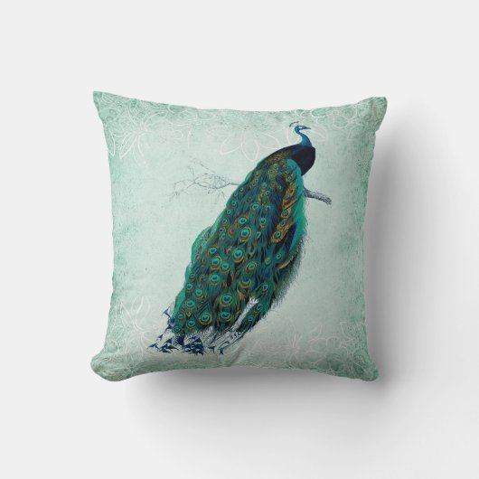 Pfau mit Vintagem Grün und Weiß Kissen (Vorderseite)
