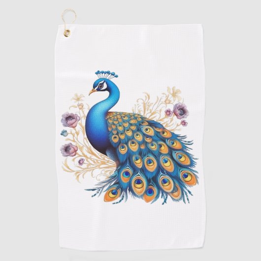 Pfau mit violetten Blumen Golfhandtuch (Vorderseite)
