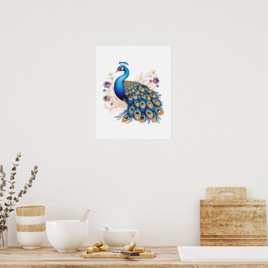 Pfau mit violetten Blumen Poster (Küche)