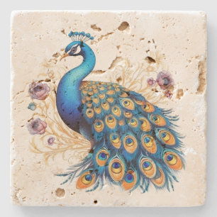 Pfau mit violetten Blumen Steinuntersetzer