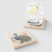 Pfau mit violetten Blumen Steinuntersetzer (Seitenansicht)