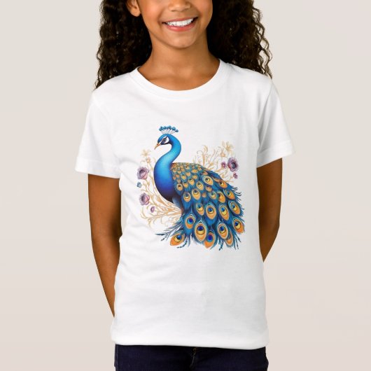 Pfau mit violetten Blumen T-Shirt (Vorderseite)