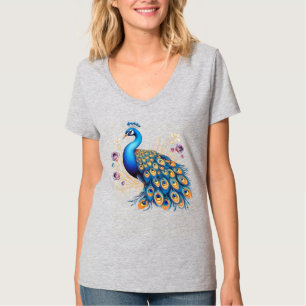 Pfau mit violetten Blumen T-Shirt