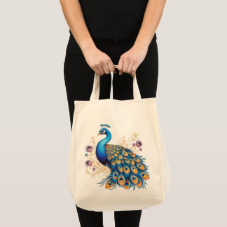 Pfau mit violetten Blumen Tragetasche