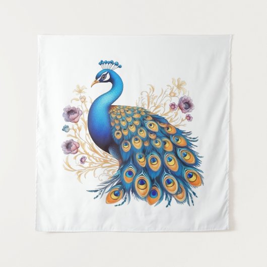 Pfau mit violetten Blumen Wandteppich (Vorderseite)