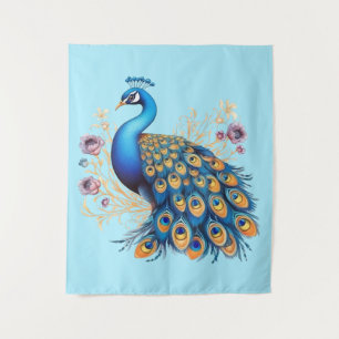 Pfau mit violetten Blumen Wandteppich