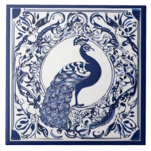 Pfau Navy Dunkelblau und Weiß Volks- Tierkunst Fliese