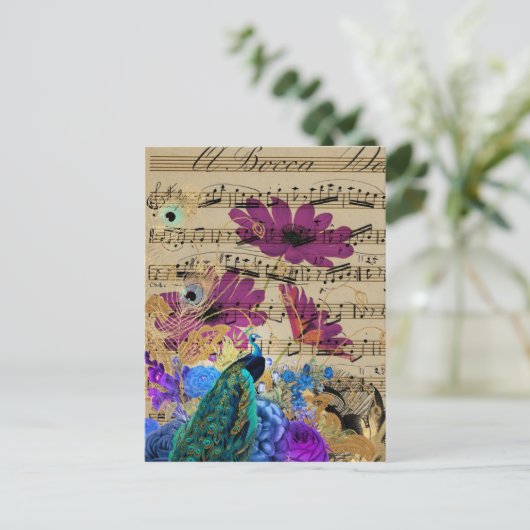 Pfau, Noten und Blume Postkarte (Stehend Vorderseite)