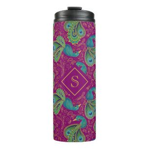Pfau Paisley Königlich Rosa Fuchsien Monogramm Thermosbecher