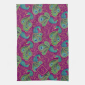 Pfau Paisley Royal Pink Fuchsia Monogramm Geschirrtuch (Vertikal)