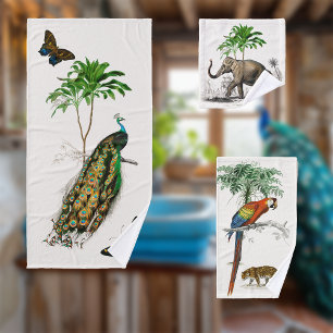 Pfau, Papagei und Elefant von D'Orbigny Badhandtuch Set