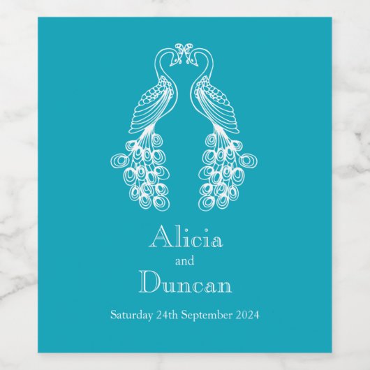 Pfau Pfau aquamarin Hochzeitsstich Weinetikett (Einzelnes Label)