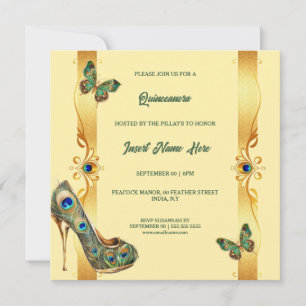 Pfau Quinceañera gold grün glamouröse Federn Feiertagskarte