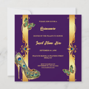 Pfau Quinceañera Gold-Purple Glamour-Federn Feiertagskarte