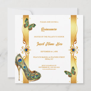 Pfau Quinceañera Gold Weiß Glamour Federn Feiertagskarte