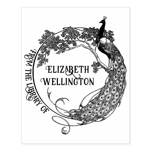 Pfau Rahmen Jugendstil-Bibliothek Buch Name #2 Gummistempel (Prägung)